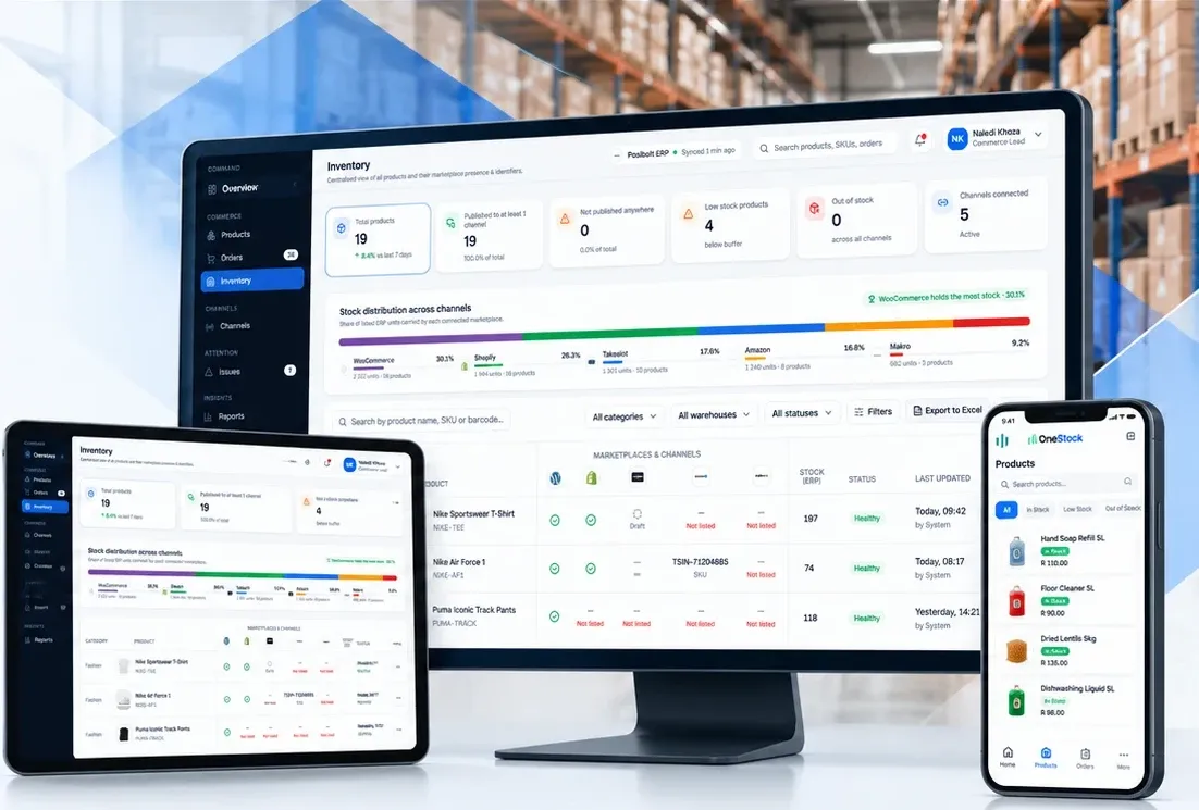 OneStock on a desktop screen, a tablet and a phone