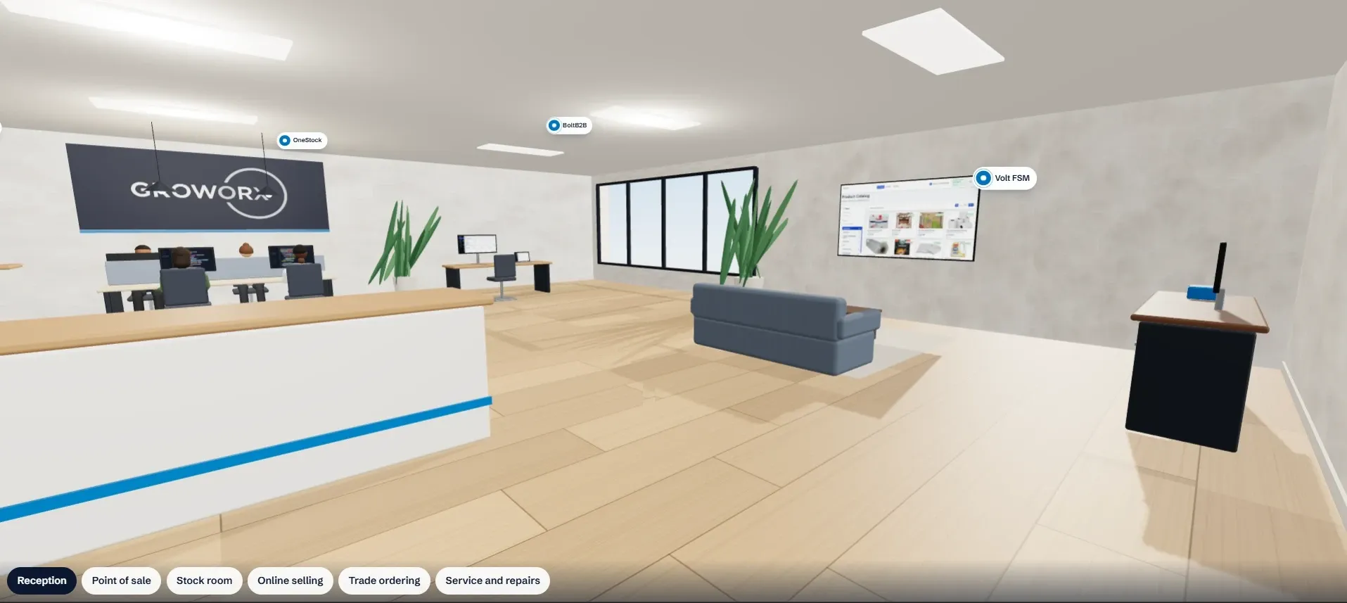 The Groworx virtual office reception, with the Groworx sign, desks, a lounge and product hotspots for OneStock, BoltB2B and Volt FSM